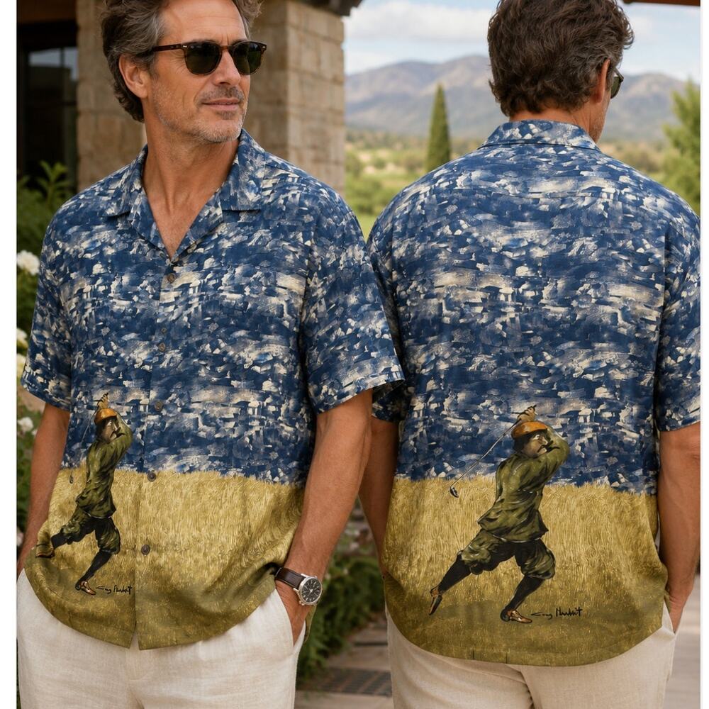 Guy Buffet Golf Shirt Mens XL 100% Silk Golfer Art Print Camp Resort Hawaiian
